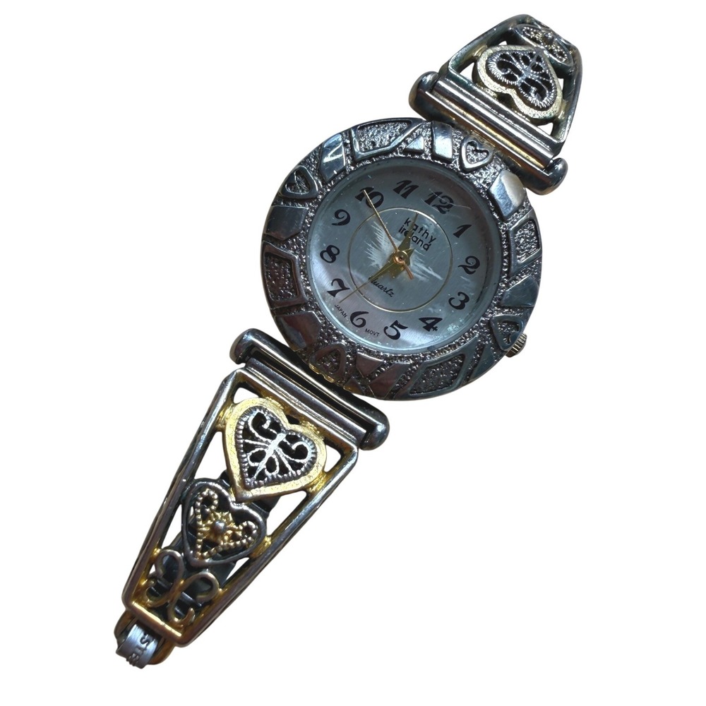 Kathy Ireland Silver Gold Two Tone Heart Filigree Wrist Watch Vintage Style